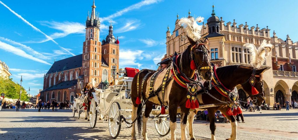 Horse carriages at main square in Krakow